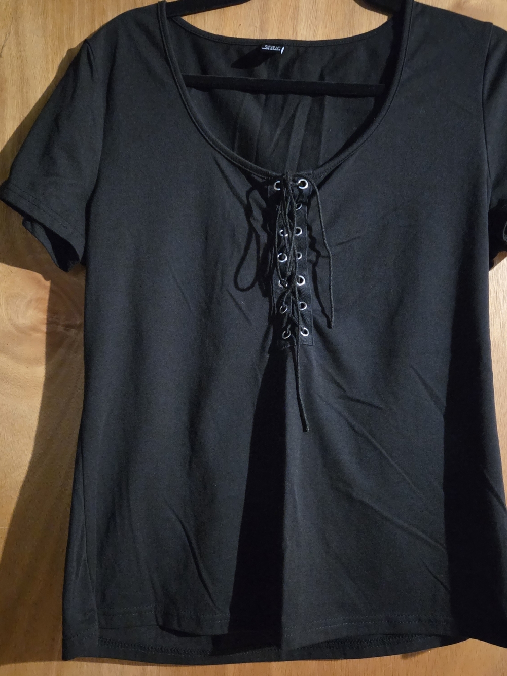 SHEIN Black Lace-Up Scoop Neck Short Sleeve Tee